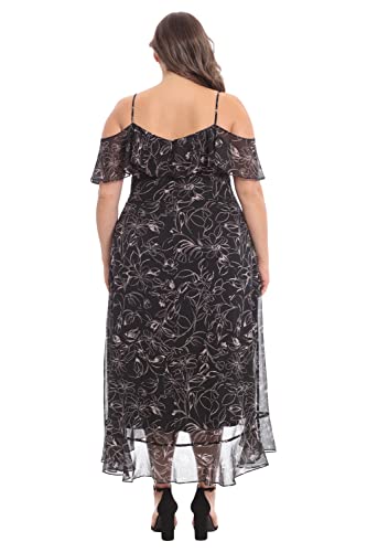 London Times Women's Floral Printed Cold Shoulder Faux Wrap Hi-Low Maxi Dress With Ruffle Details, Black/Blush #TOP5