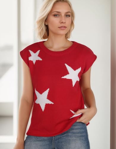 Image of Alsol Lamesa Women's Stars Pattern Cap Sleeve Sweater Vest 2024 Pullover Sleeveless Knit Crew Neck Tops, Small, 911 Red