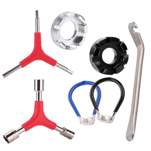 Wanfoou Bicycle Spoke Wrench Bike Spoke Tool Portable Bicycle Spoke Tool Kit with 1 Piece Tire Lever Bike Rim Correct Kit Cycling Pocket Tools for Bike Repair, Totally 7 Pieces Spoke Tool Kit
