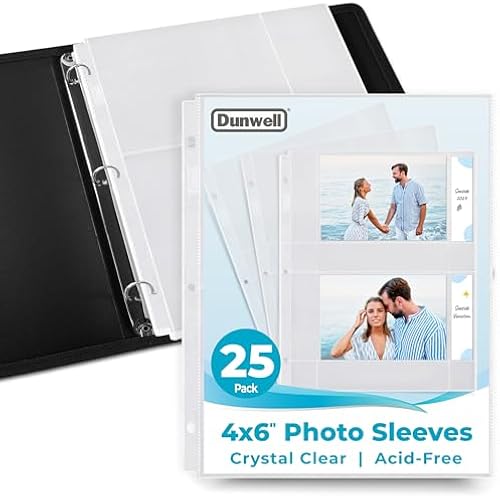 Dunwell 4x6 Photo Sleeves for 3-Ring Binder, (Horizontal, 25 Pack) for 100 Pictures, Each Sheet Holds Four 4 x 6 Pictures or Postcards, Acid-Free Poly Photo Album Refill Pages