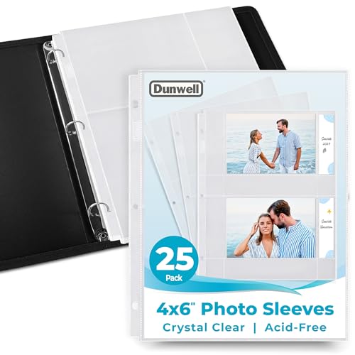 Dunwell 4x6 Photo Sleeves for 3-Ring Binder, (Horizontal, 25 Pack) for 100 Pictures, Each Sheet