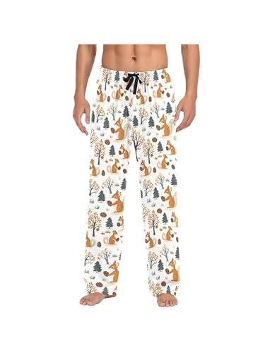 ZZKKO Pajamas Pants for Men Forest Squirrels Pine Cones Men's Pajama Bottoms 100% Cotton PJ Pants for Mens S