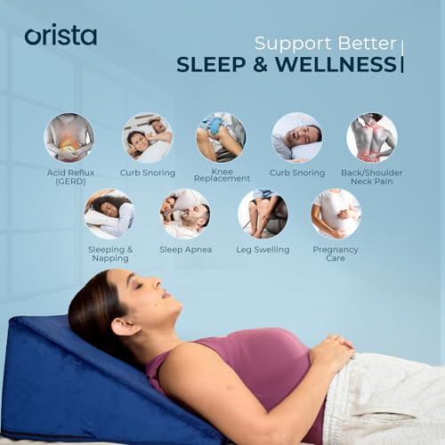 Image of Orista Wedge Pillow Made with Advance Gel Blended Memory Foam Complete Back Support, Acid Reflux, Anti Snoring, Leg Elevation, Improves Comfort and Posture | 20 x 20 x 10 Inch | Blue Velvet Cover