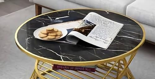 Image of CROWN ART SHOPPEE The Circular Metal Side Table with Marble Shade top is a Chic and Useful Piece of Furniture. (Black Gold)