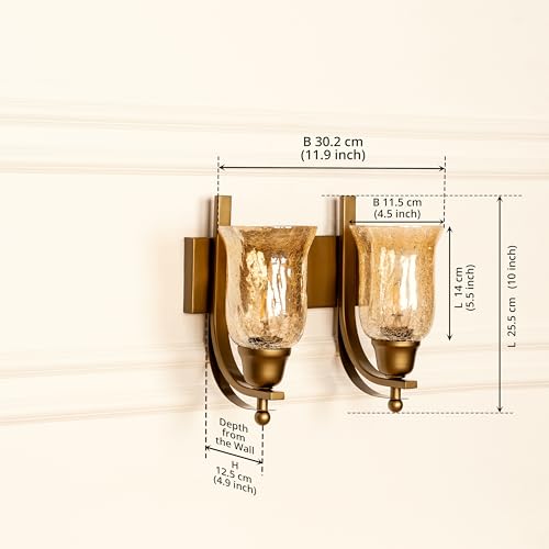 Image of Divine Trends Antique Brass Finish Double J Wall Light with Chimney Crackled Glass Golden Luster for Living Room, Bedroom, Home Decoration, Hotel Wall Lamp Pack of 1