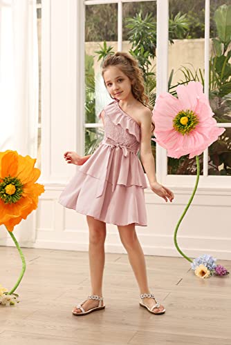 Danna Belle Pink Dress For Girls Tiered Layer One Shoulder Ruffle Summer Dress Clothes Size 8-10 #TOP2