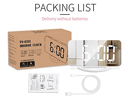 Funien Relógio espelho LED Mini relógio de mesa digital despertador com função Snooze 3 Brilho ajust