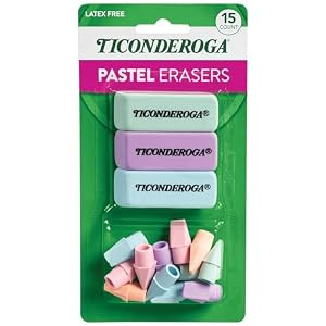 Ticonderoga Assorted Erasers, Pastel Colors, 15 Count