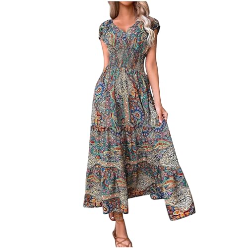 Keepink Summer Boho Short Sleeve Maxi Dress for Women UK Plus Size 8-18 - Casual Elegant Floral Smocked Retro Swing for Wedding Beach Sale