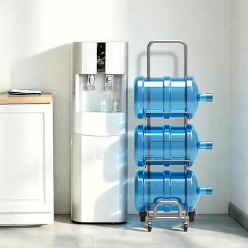 5 Gallon Water Jug Holder with Wheels, 3-Tier Heavy Duty Water Bottle Storage Rack Organizer, Rolling Water Jug Cart with Adjustable Height & Elastic Rope for Home Office Kitchen Garage, Silver — view 5