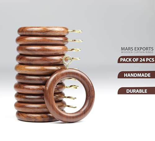 24 Pieces Natural Rosewood Wooden Curtain Rod Rings | 2 Inch Outer Diameter, 1.25 Inch Inner Dia | Fits 1 Inch Rod | Drapery Rings for Curtains