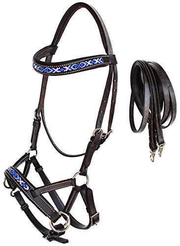 CHALLENGER Horse Western Padded Leather Beaded Bitless Sidepull Bridle Reins 77RT14BR-F
