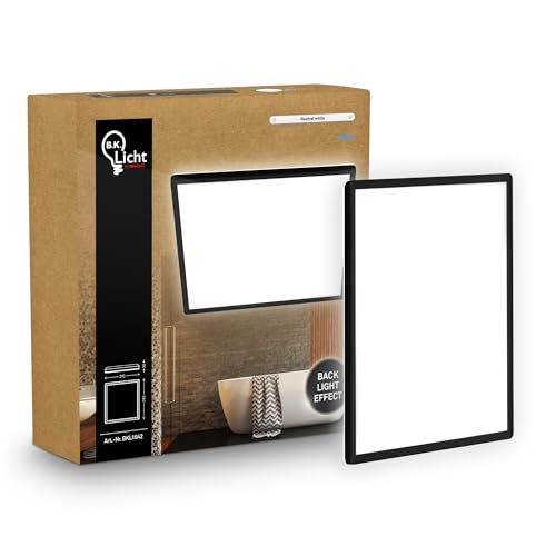 B.K.Licht - Panel LED plano con iluminación indirecta, luz blanco neutro, IP44, plafon led techo baño, lámpara techo, lámpara baño, plafon cucina, 24 x 24 x 3 cm, negro