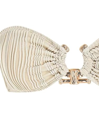 ZAFUL Women's Bandeau Bikini Shiny Metal Ring Decor Lace Up Tied Side High Cut Strapless Swimsuit(2-Light Coffee,L)3