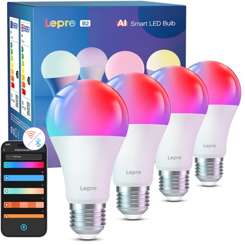 Lepro B2 AI Lampadina Smart E27, 1100LM RGB&Luce Bianca Regolabile, Progettista Illuminazione AI Personalizzato, Funziona con Alexa/Google Assistant, Connessione Wi-Fi e Bluetooth, Sync Musicale, 4pcs