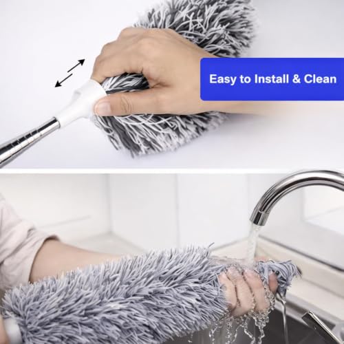 Image of DecorTwist Ceiling Fan Cleaning Duster, Extendable Long Handle Cobweb Brush | Washable microfiber 3-in-2 kit, Extendable long handle. No ladder. For fan blades, cobwebs, lights, blinds & high corners.