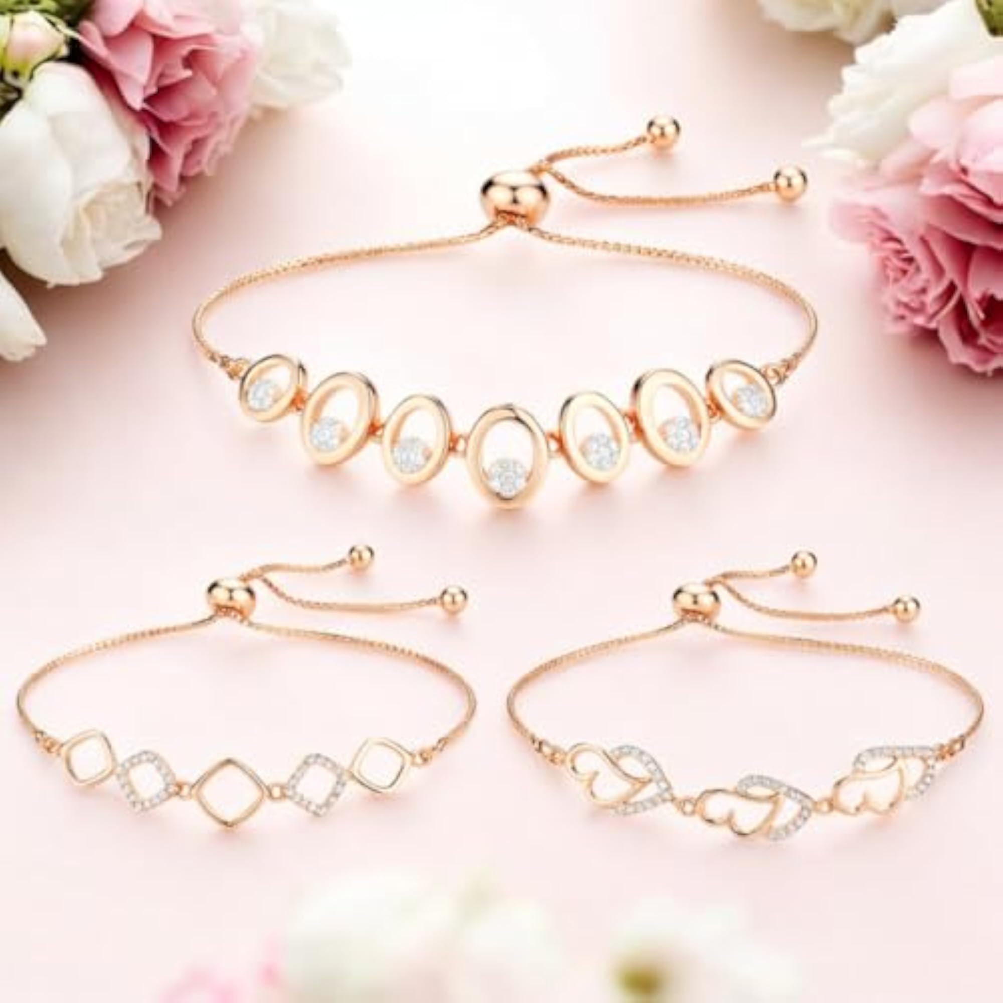 Rose Gold Plated Adjustable Bracelet Set with American Diamond, Gift for Her