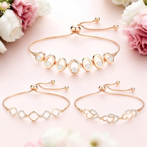 Image of Nilu's Collection Rose Gold Plated American Diamond Crystal Contemporary Bracelet Jewellery with Adjustable Pull-Chain Bracelet for Women & Girls