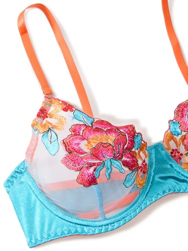 Image of Lilosy Sexy Leaf Floral Embroidered Mesh Sheer Women Underwire Push Up Lingerie Set