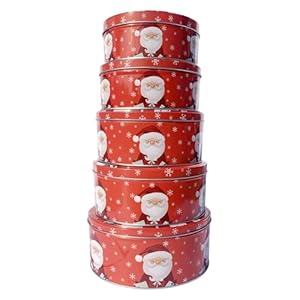 Set of 5 Christmas Cookie Tins Round Nesting Boxes with Lids for Gift Giving, 5 Sizes Holiday Containers Cake Candy Jars Circular Metal Boxes, Presents for Xmas Festive–Red Santa Set of 5 Christmas Cookie Tins Round Nesting Boxes with Lids for Gift Giving 5 Sizes Holiday Containers Cake Candy Jars Circular Metal Boxes Presents for Xmas FestiveRed Santa
