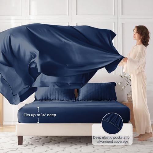 Image of MUXHOMO 7 Pieces Full Comforter Set, Seersucker Bed in a Bag Full Size, All Season Luxury Bedding Set with Comforter, Flat Sheet, Fitted Sheet, Pillowcases & Shams, Navy Blue