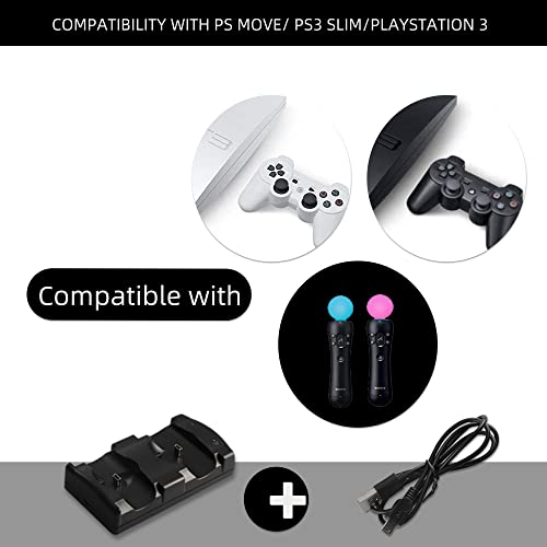 Image of PS3 Controller Charger Station, Charging Dock for Sony PlayStation 3 Original Wireless Dual Controller and Move Controller with LED Light Indicator and Charging Cable