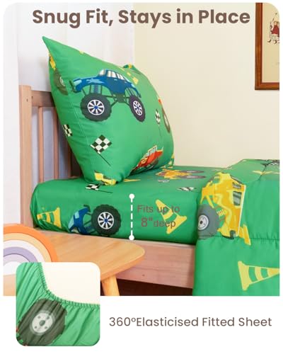 Image of TinyPalsa 4-Piece Toddler Bedding Set, Toddler Bed Comforter Set for Boys | Includes Comforter, Fitted Sheet, Flat Sheet & Pillowcase, Green Monster Truck