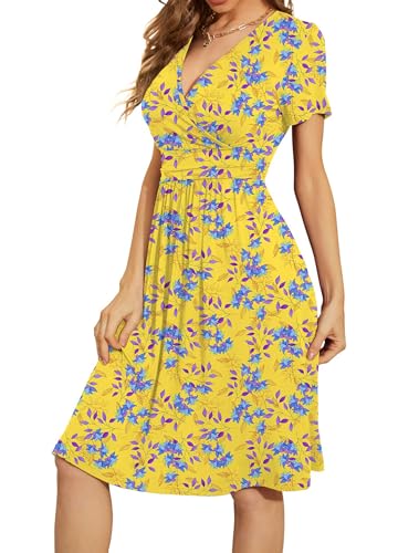 Image of WEACZZY Women's Summer Short Sleeve Casual Dresses V-Neck Floral Party Dress with Pockets