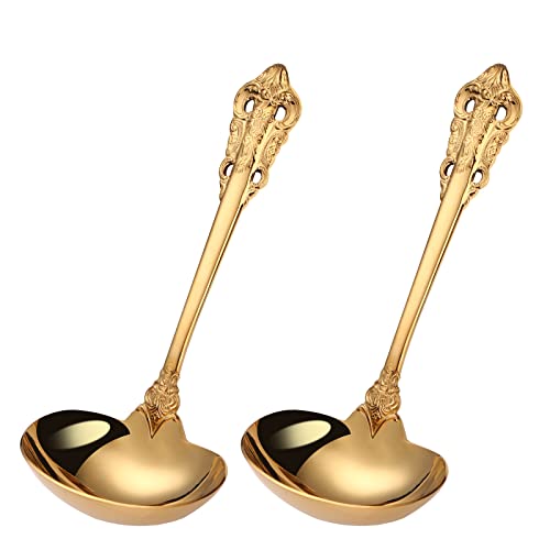 Mafier 2 Piece Stainless Steel Gold Gravy Ladle 1 oz. Serving Spoon Large Buffet Home Kitchen Ladle Set Mini Sauce Soup Spoon Dishwasher Safe