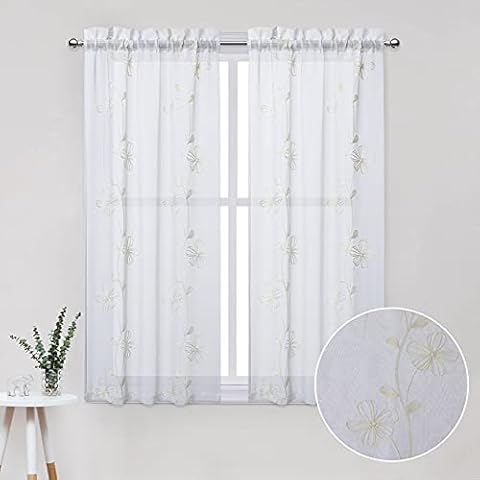 CAROMIO Sheer Floral Embroidered Kitchen Curtains Cover