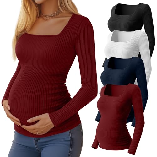 Image of Huukeay 4 Pack Women's Maternity Shirts Cotton Ribbed Long Sleeve Square Neck Pregnancy Tunic Tops Side Ruched Basic Tee