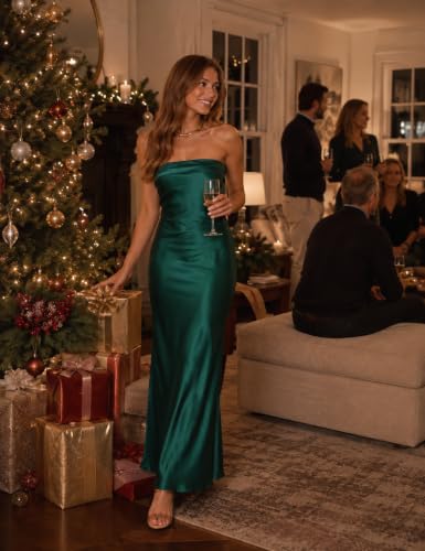 Image of Realtix Summer Satin Strapless Backless Maxi Dress for Women Wedding Guest