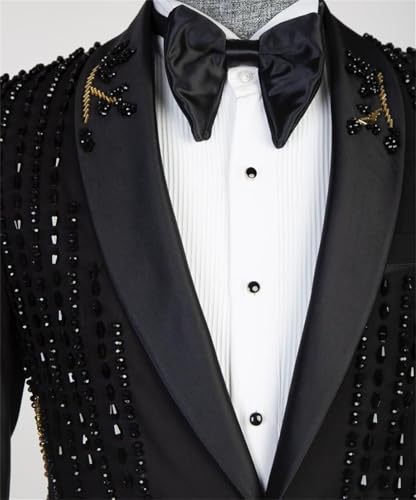 Mens 2 Pieces Wedding Suit with Black Gold Rhinestone Slim Fit Shawl Lapel Blazer Jacket Pants Set for Prom,Party4