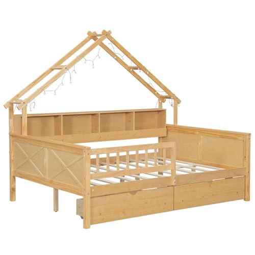 Ayyybhls Wooden House Shaped Platform Bed Frame with Built-in LED Lights, Open Storage Shelves, Pull-Out Underbed Drawers and Safety Side Guardrail for Boys Girls Bedroom (Natural)