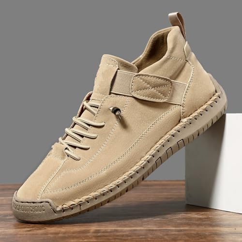 Men's Hand Stitching Leather Boots Fashionable Soft Soles Comfortable Shoes,Casual Slip-On Non-Slip Retro Walking Loafers Flat Shoes,Lightweight Leather Flat Ankle Boots with Adjustable Elastic Band3