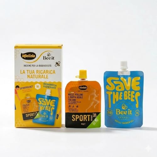 Bee it x Mielizia Sport-Set, natürliche Nachfüllpackung – SportPocket Honig, Pollen und Gelée Royale + regenerierendes Duschgel 250 ml mit Bio-Honig – Energiebox und Erholung nach dem Workout