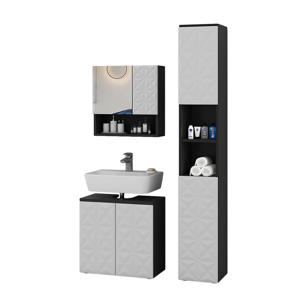 Vicco Conjunto de Muebles de baño Edge, Negro, 60 cm | compuesto por mueble bajo lavabo, espejo con armario y columna de baño