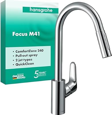 hansgrohe Focus M41 - grifo de cocina con ducha extraíble, 2 tipos de chorro, mezclador monomando cocina 240 mm, grifo cocina fregadero con caño giratorio, cromo, 31815000