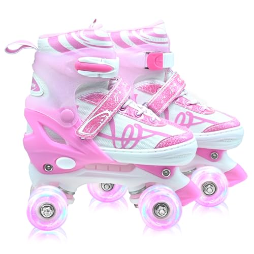 Kids Roller Skates for Girls Boys with Glitter Details-SMOOJOY Outdoor ​Musical Design Roller Skates with Light Up Wheels, Adjustable Rollerskates for Kids Ages 3-12 Birthday Gift patines para niñas