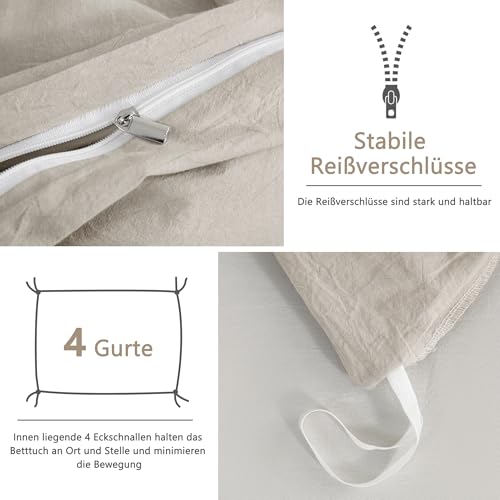 ATsense Bettwäsche 140x200 Baumwolle 2teilig, Stonewashed Bettwäsche-Sets Beige Ähnlich wie Leinen, Oeko-TEX… – Ansicht 6