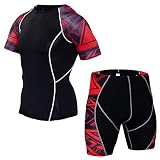 Men's Workout Set Compression Shirt & Shorts Top Shorts Sleeve Sports Base Layer Suit Quick Dry & Moisture-Wicking Red