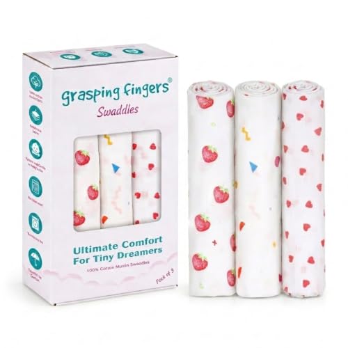 Image of Muslin Cotton Baby Swaddle | 110 x 100 cm | Ultra-Soft, Breathable & Lightweight | Multipurpose | Hypoallergenic | Unisex | Ideal Newborn Baby Gift (Heart /Strawberry /Confetti)