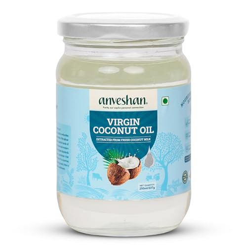 Image of Anveshan Cold Pressed Virgin Coconut Oil 250ML | Glass Jar | Unrefined Cold Pressed Virgin Coconut Oil, Naturally Cholesterol Free, Kolhu /Kacchi Ghani /Mara Chekku /Ganuga, Rich Aroma & Flavour of Real Coconuts, A1 Grade Coconuts