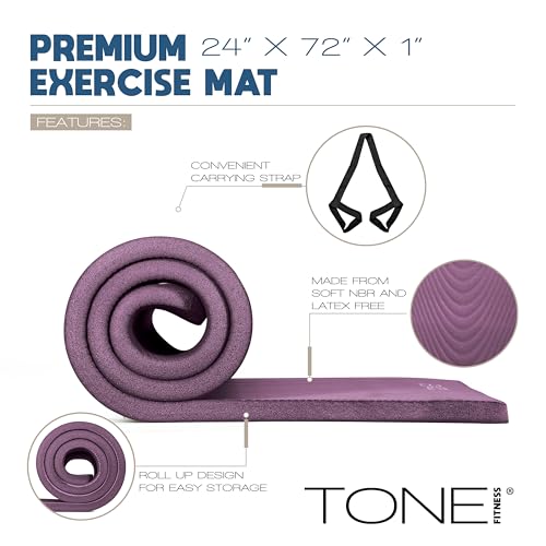 TONE Fitness Premium Extra Thick 1-Inch High Density Exercise Mat with Carry Strap – Non-Slip Workout, Pilates, and Yoga Mat for Home Gym - Color Purple - Wave Pattern by Tone Fitness - Image 3