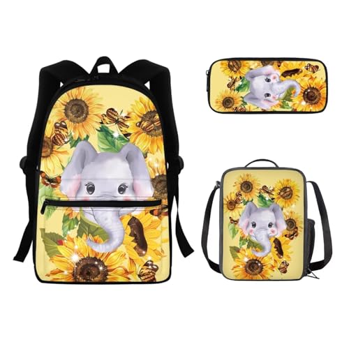 Set di zaini 3 in 1 per bambini con borsa per il pranzo per adolescenti ragazze studenti libri Grazioso elefante.