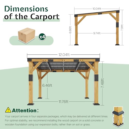 Image of Jocisland 10x12x8 FT Cedar Wood Carport, Heavy Duty Canopy Carport with Sloped Galvanized Steel Roof for All Weather, Permanent Shelter for Tractor, Motorcycle, Bike & Garden Tools