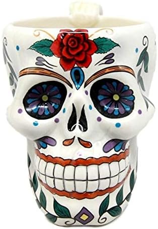 Ebros GiftColorful Day of The Dead Floral Sugar Skull Cranium Shaped Mug With Bone Handle Coffee Beverage Cup Ceramic Porcelain 4.5"H (Rose Vines)