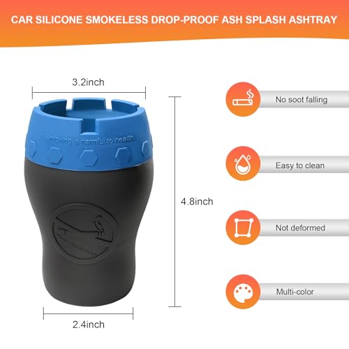 Image of Car Silicone Ashtray, Smokeless Drop-Proof Auto Ash Tray for Cup Holder, Windproof Portable Vehicle Cigarette Ash Tray for Home Outside Office, Interior Car Accessories (Blue)