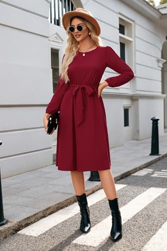 Image of Newshows Womens Long Sleeve Casual Dresses 2025 Business Work Teacher Fall Church Belted A Line Flowy Midi Dress
