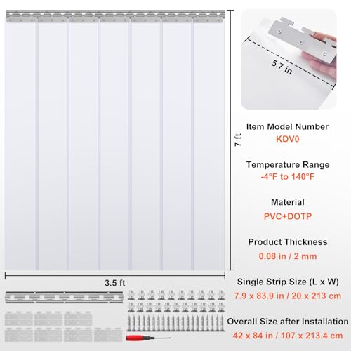 Image of VEVOR Clear PVC Strip Curtain, 84 inch Height x 42 inch Width, 0.08 inch Thickness, 7PCS, 50% Overlap for Freezers, Coolers & Warehouse Doors